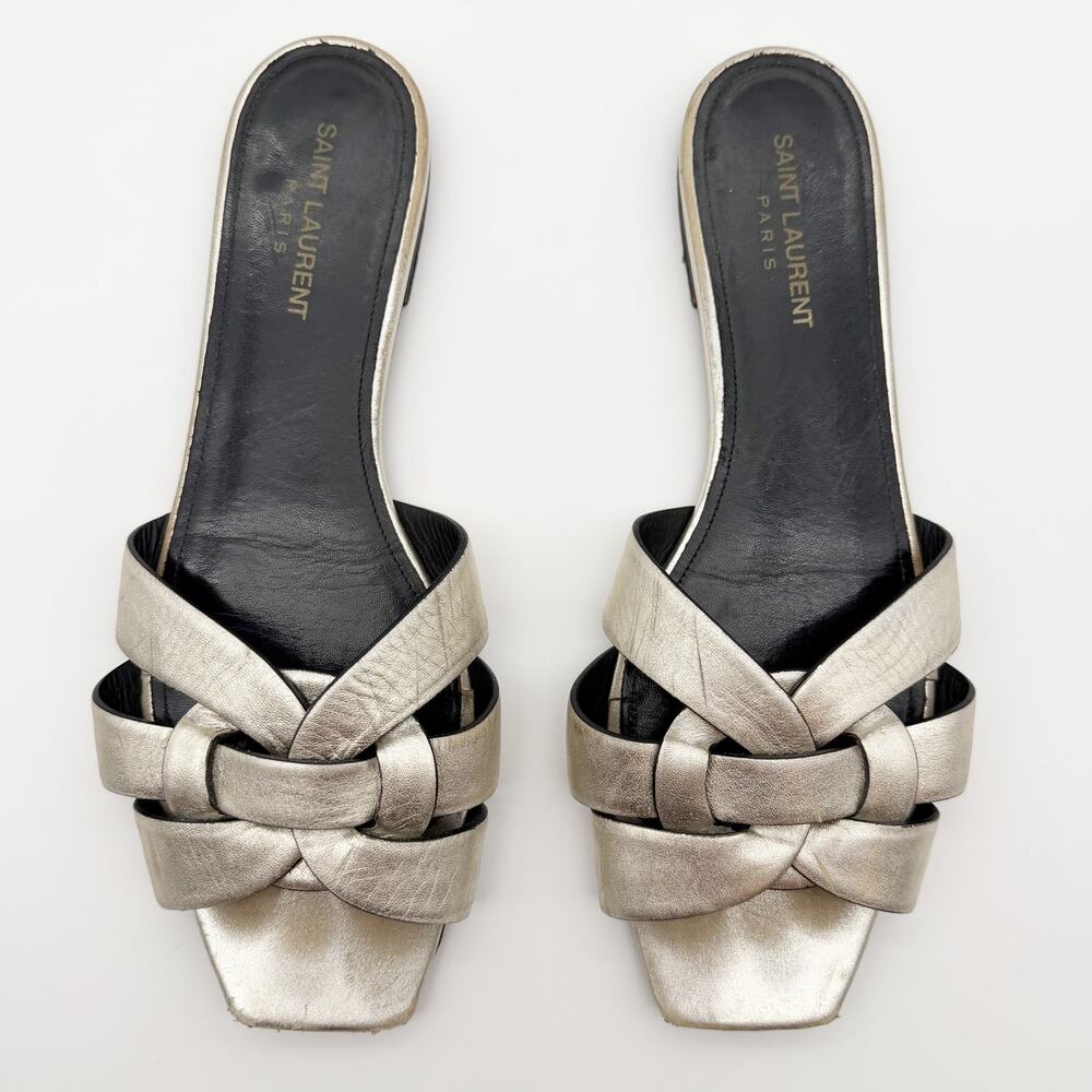 Saint Laurent Tribute Silver Metallic Leather Woven Flat Sandals Slides 40.5 - Picture 7 of 7